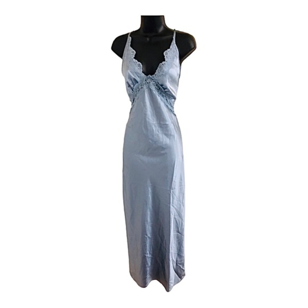 Sincerely‎ Jules silver blue v-neck lace trim satin silk effect maxi slip dress